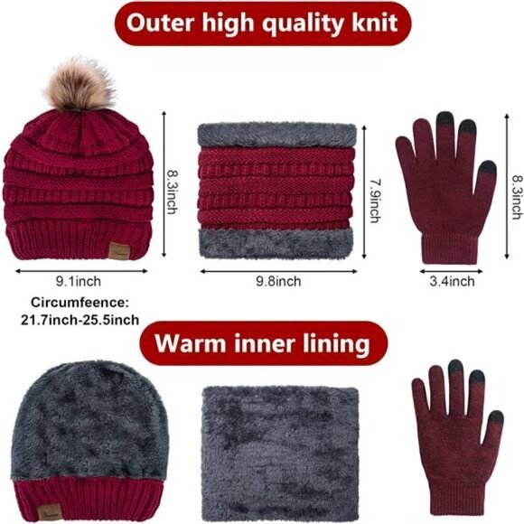 Winter Hat Scarf Touch Screen Gloves Set 3 Pcs Warm Knit Fleece Lined Beanie NEW - Picture 2 of 5